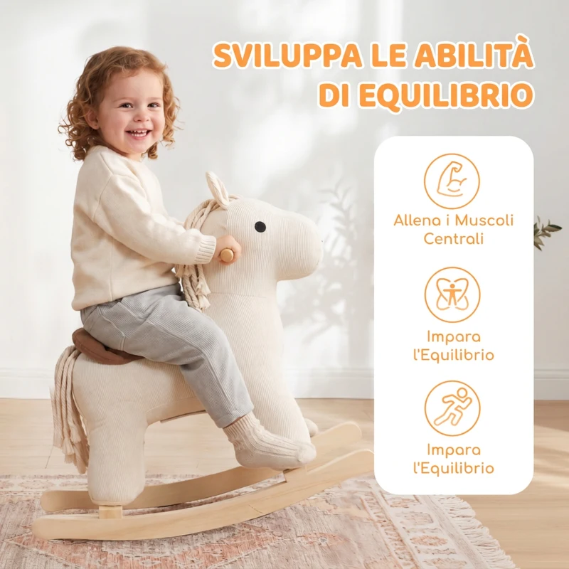 AIYAPLAY Cavallo a Dondolo per Bambini 18-36 Mesi in Velluto a Coste con Suoni e Base in Legno di Pioppo, Bianco