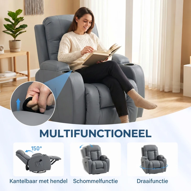 HOMCOM Massagestoel met wip-, lig- & verwarmingsfunctie, 3 standen, draaibaar, Lichtgrijs(m-5)