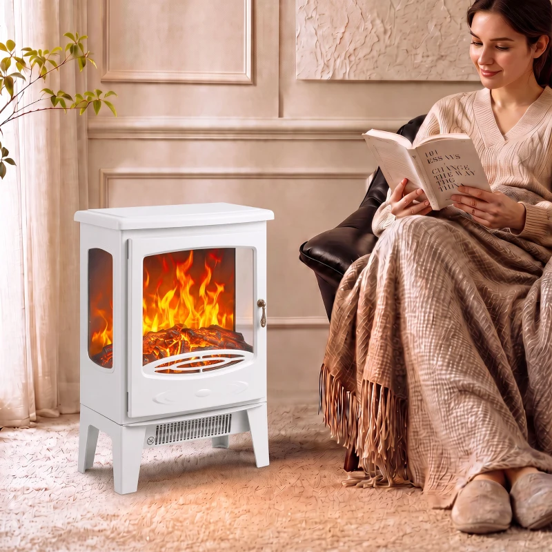 HOMCOM 900W/1800W Freestanding Electric Fireplace, Room Heater with Adjustable Artificial Flame, 3-Sided Tempered Glass, White