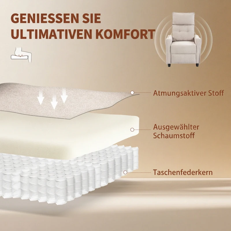 HOMCOM Relaxsessel mit Vibrationsmassage, Leinen-Optik, zurückklappbar mit Federpolsterung, Fußstütze, Cremeweiß