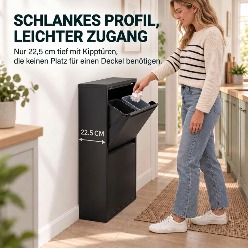 HOMCOM Szafka na śmieci 60 l z uchylnymi klapkami, 4-komorowy kosz do recyklingu, wąski, Soft-Close, wyjmowane wkłady, czarny