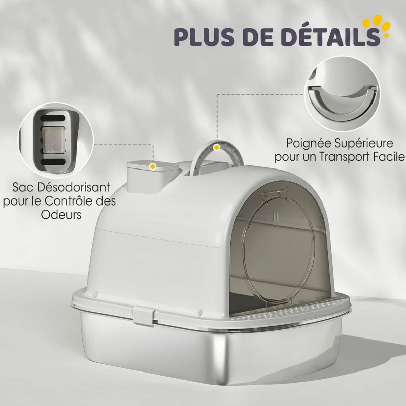PawHut Maison de toilette pour chat bac à litière fermé bac acier inoxydable, nettoyage facile, 52,4 x 41,3 x 39,9 cm, blanc