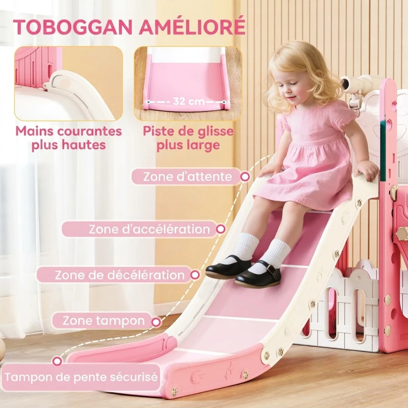 AIYAPLAY Toboggan pour tout-petits 5 en 1 toboggan autoportant pour enfant avec panier de basket, télescope, 178x70x86cm, jaune