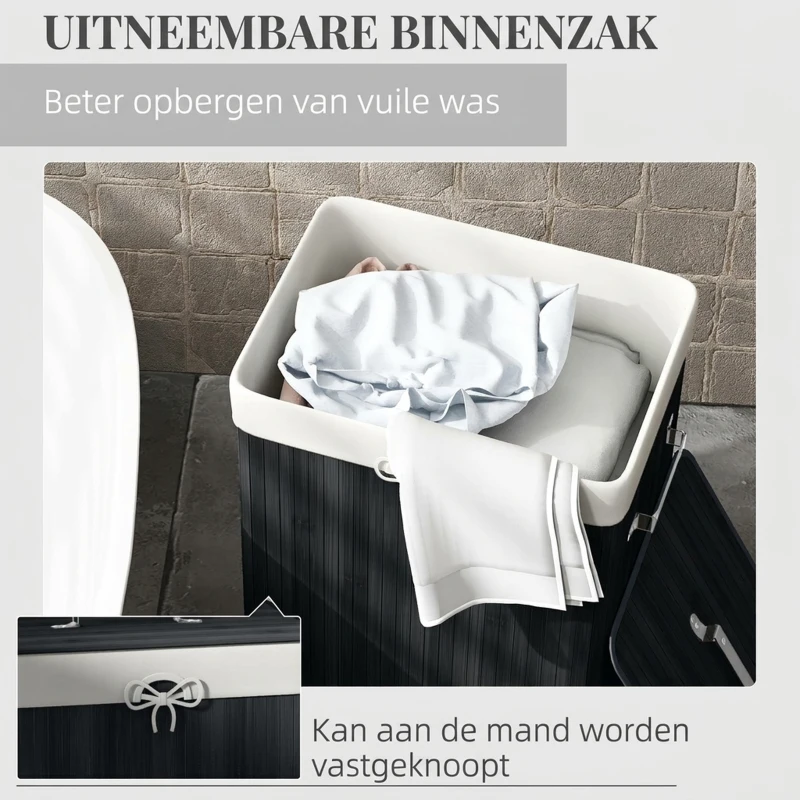 HOMCOM Wasmand, wasbox, wasverzamelaar met deksel, zeildoek zak, bamboe, vouwbaar, 72L, zwart 40 x 30 x 60 cm