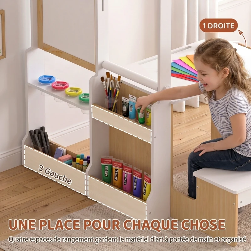 AIYAPLAY Ensemble Table pour Enfant avec Banc en Bois 5-en-1 avec Chevalet, Tableau Noir et Blanc Double Face, 3-8 Ans, Blanc