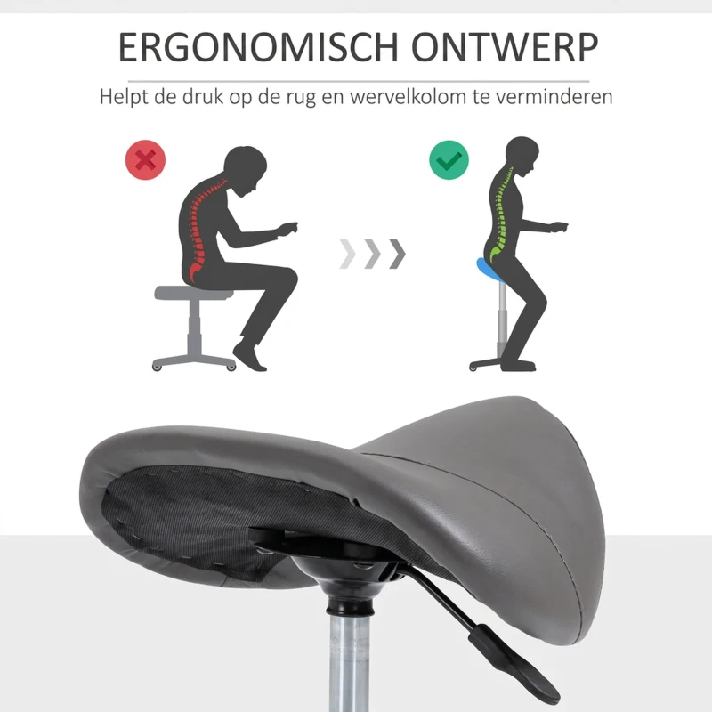 HOMCOM Rollende kruk, zadelvormige zitting, in hoogte verstelbaar, 360° draaibaar, kunstleer, donkergrijs, 53 x 52 x 49-61 cm(m-7)