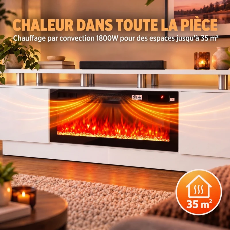 HOMCOM Meuble TV avec Cheminée Électrique 203cm avec Éclairage LED Fausse Cheminée Décorative 900/1800W Effet Flamme 3D Blanc