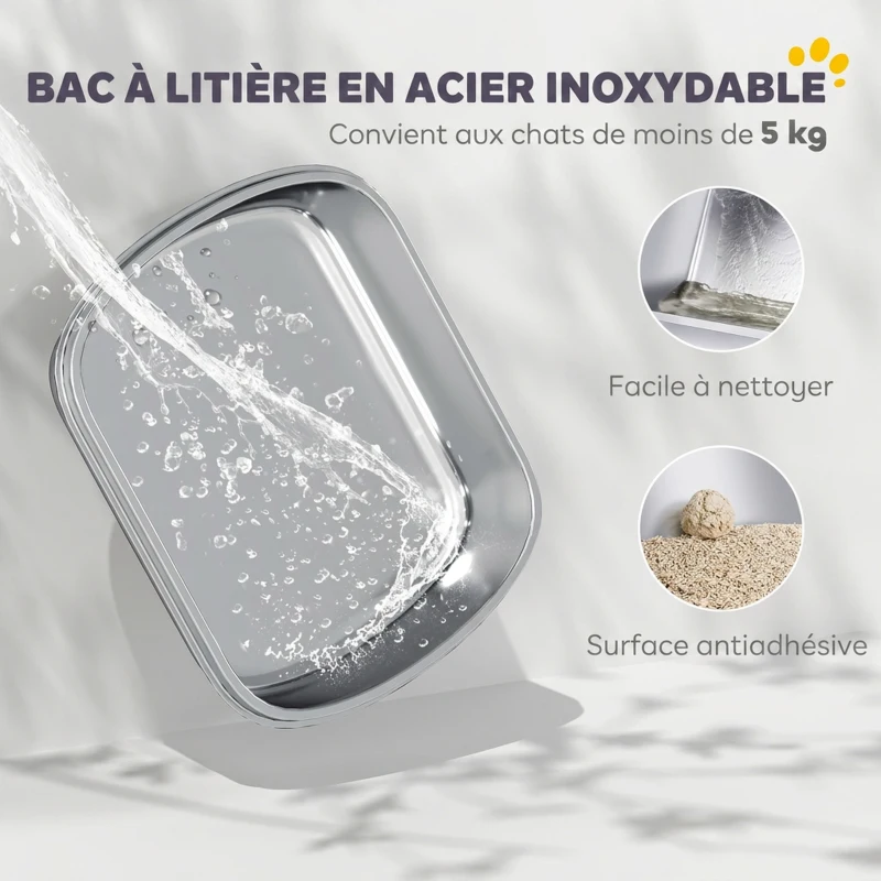 PawHut Maison de toilette pour chat bac à litière fermé bac acier inoxydable, nettoyage facile, 52,4 x 41,3 x 39,9 cm, blanc