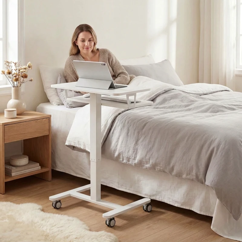 HOMCOM In hoogte verstelbaar zit-sta bureau, verrijdbaar sit-stand bureau met toetsenbordlade, wielen en stalen frame, Wit
