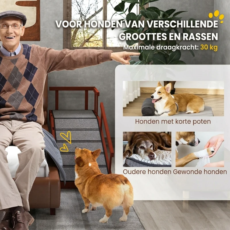 PawHut Huisdierloopplank, Afneembare Leuningen, Antislip, Grenenhout, tot 30 kg, 125x40x56cm, Bruin/Grijs(m-4)