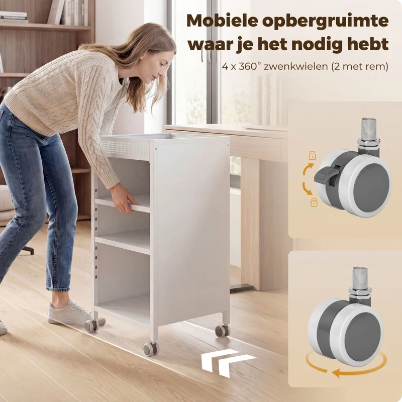 HOMCOM Boekenrek mobiel met verstelbare planken, 3-lagen rolwagen met bovenste mand, wit