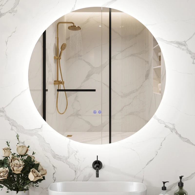 kleankin Specchio Bagno con Luci LED Regolabili, Interruttori Touch e Design Antiappannamento, Ø60 cm