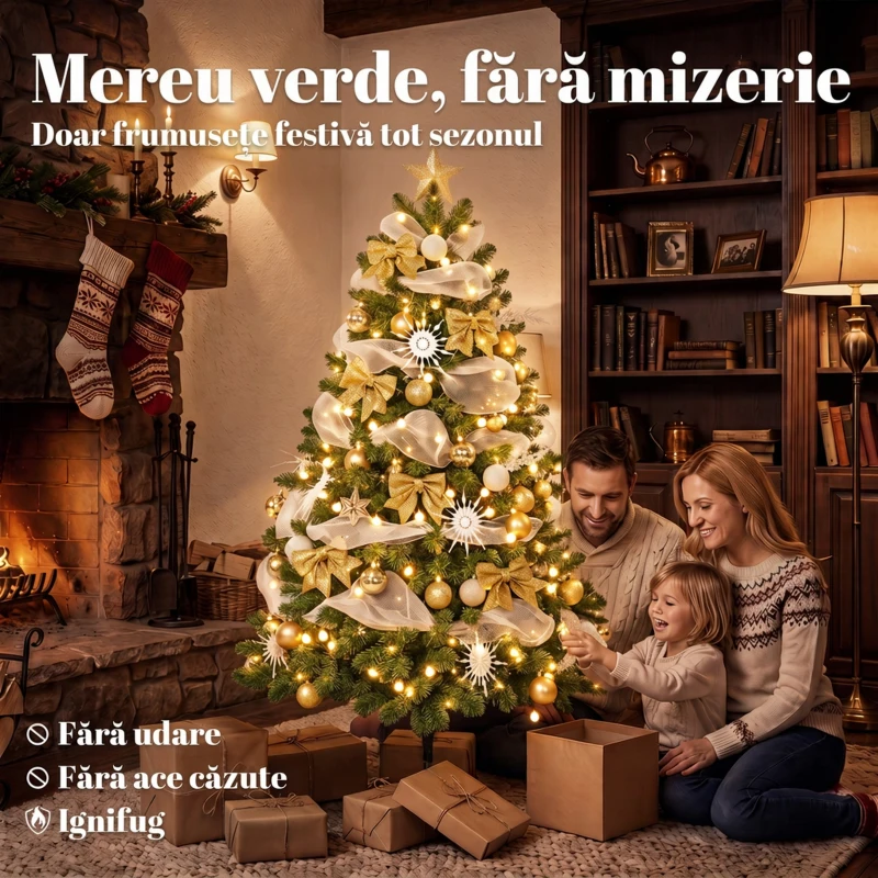 HOMCOM Brad de Crăciun 180 cm cu 200 LED-uri Alb Cald, 8 Moduri, 800 Crenguțe Ignifuge, Globuri, Panglici și Funde