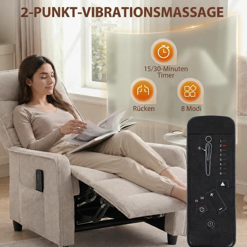 HOMCOM Relaxsessel mit Vibrationsmassage, Leinen-Optik, zurückklappbar mit Federpolsterung, Fußstütze, Cremeweiß