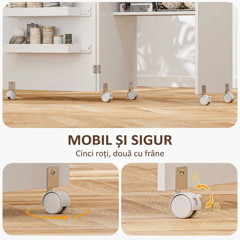 HOMCOM Dulap Pliabil pentru Mașină de Cusut cu Blat Mare și Roți, Alb
