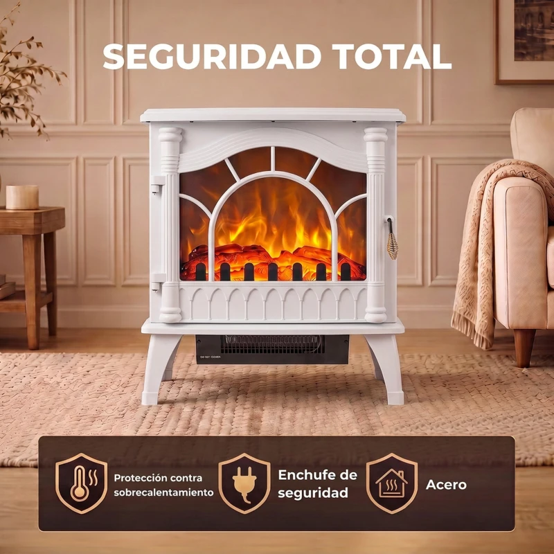 HOMCOM Chimenea Eléctrica 1000W/2000W con Temperatura Ajustable Protección contra Sobrecalentamiento 55x31x58 cm Blanco