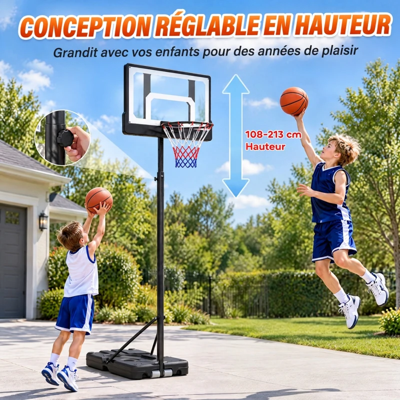 SPORTNOW Panier de Basket Extérieur pour Enfants, Hauteur Réglable 108-213 cm, Base Remplissable et Roulettes, Dès 3 Ans, Noir