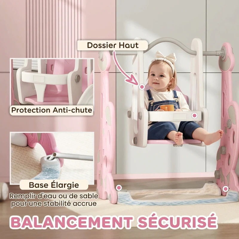 AIYAPLAY Toboggan et balançoire pour enfants 4 en 1 avec panier de basket et échelle, 147,5 x 160 x 107 cm, rose