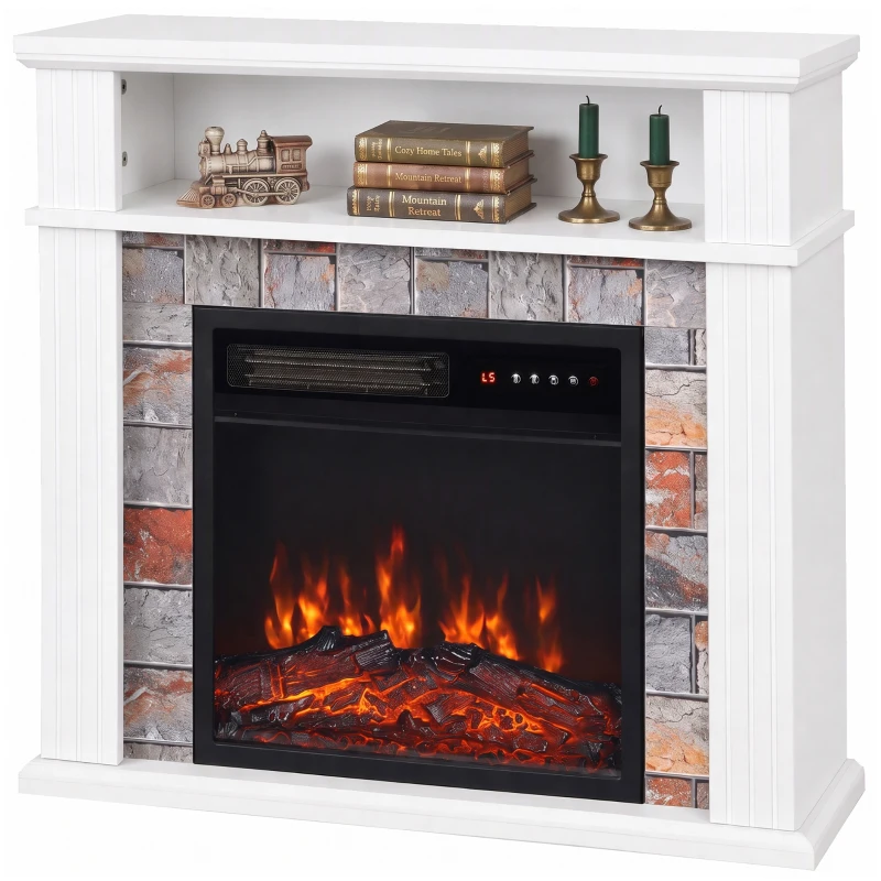 HOMCOM Chimenea Eléctrica Decorativa 1800W con Repisa Efecto Llama 5 Brillos Termostato Temporizador Mando Blanco