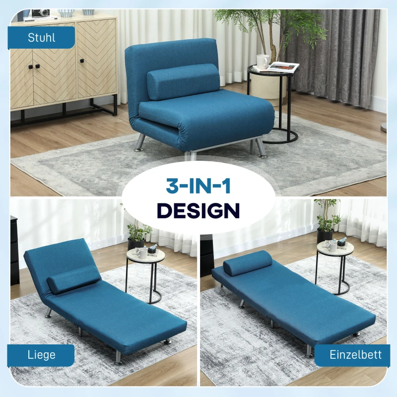 HOMCOM Opklapbare stoel met bedfunctie, opklapbare relaxstoel in linnen-look, verstelbare rugleuning, 75 x 70 x 75 cm, Blauw