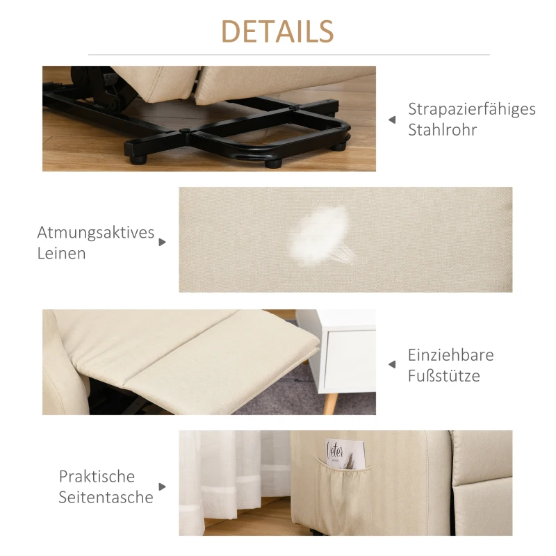 HOMCOM relaxstoel tv-stoel met elektrische opstahulp linnen hout schuimstof crème 72,5 x 94 x 109 cm