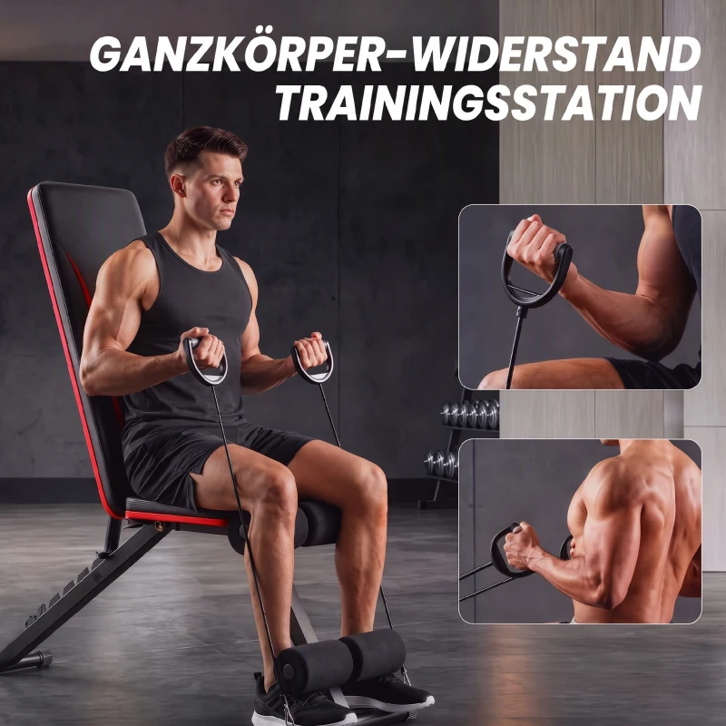 SPORTNOW Hantelbank verstellbar Klappbar Trainingsbank mit Beinstrecker 7-Fach verstellbarer Rückenlehne, Widerstandsbändern