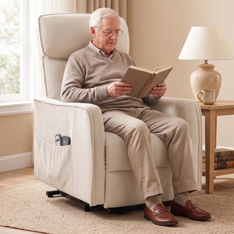 HOMCOM Sillón Relax Reclinable Eléctrico Levanta Personas con 2 Puntos Masaje Asiento con Muelles Reposapiés de Chenilla Crema