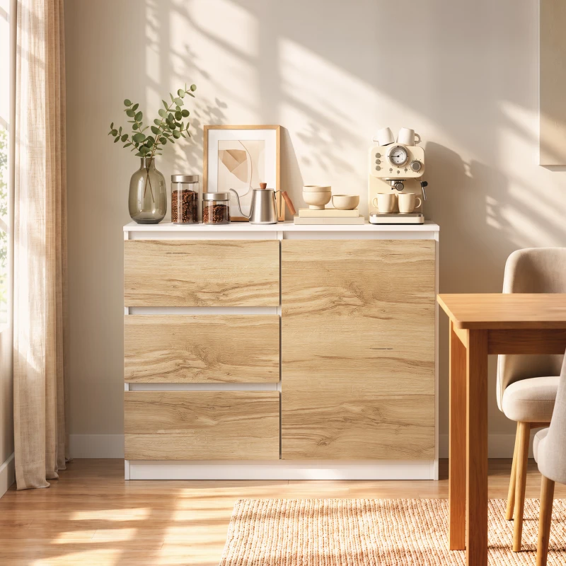 HOMCOM Aparador Pequeno com Porta e 3 Gavetas 80x40x75 cm para Entrada e Sala de Jantar Branco e Natural