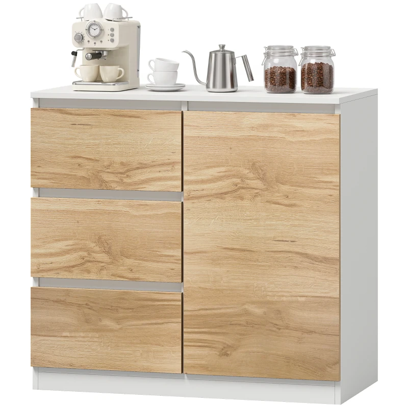 HOMCOM Aparador Pequeno com Porta e 3 Gavetas 80x40x75 cm para Entrada e Sala de Jantar Branco e Natural