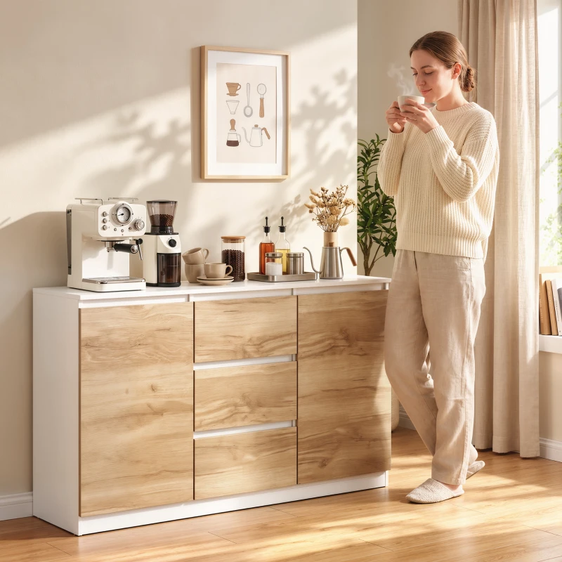 HOMCOM Aparador com 2 Portas e 3 Gavetas, Móvel de TV até 55 Polegadas, 120x35x74,5 cm, Branco e Carvalho