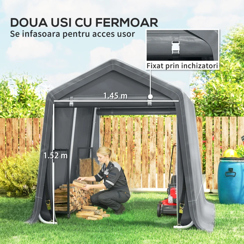 Outsunny Cort Garaj 2,4x2 m pentru Vehicule și Biciclete, din Metal și Material PE, Gri Închis(m-5)