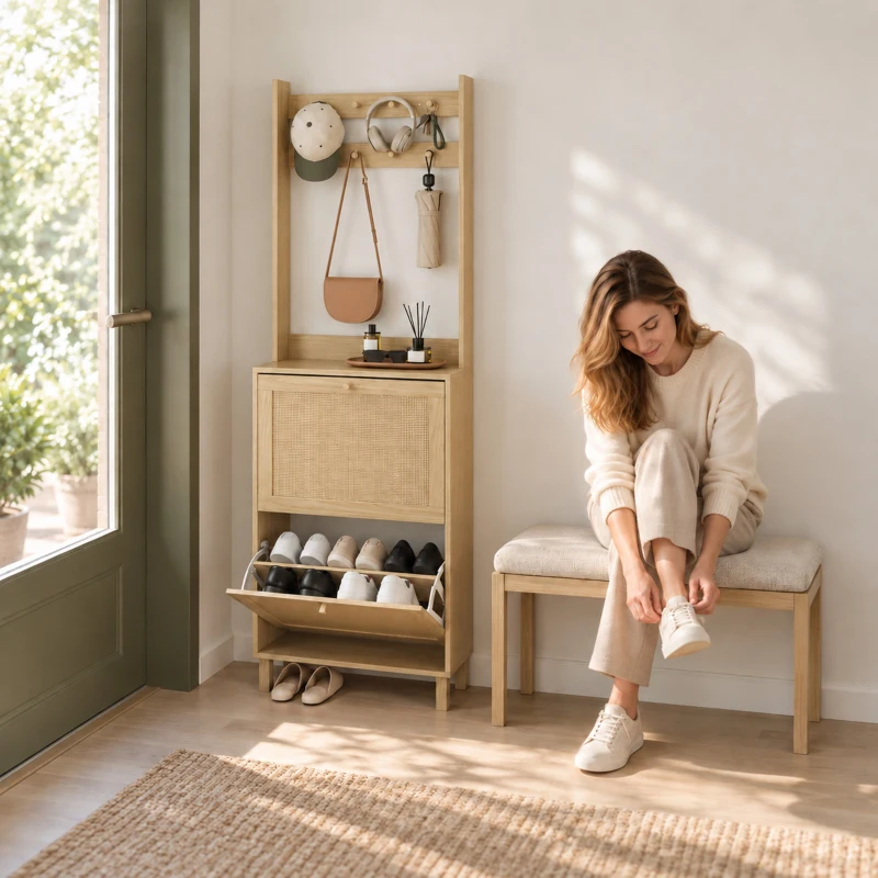 HOMCOM Perchero Zapatero con 2 Cajones Abatibles con Puertas de Ratán 8 Ganchos Estante Superior y Marco de Madera Natural