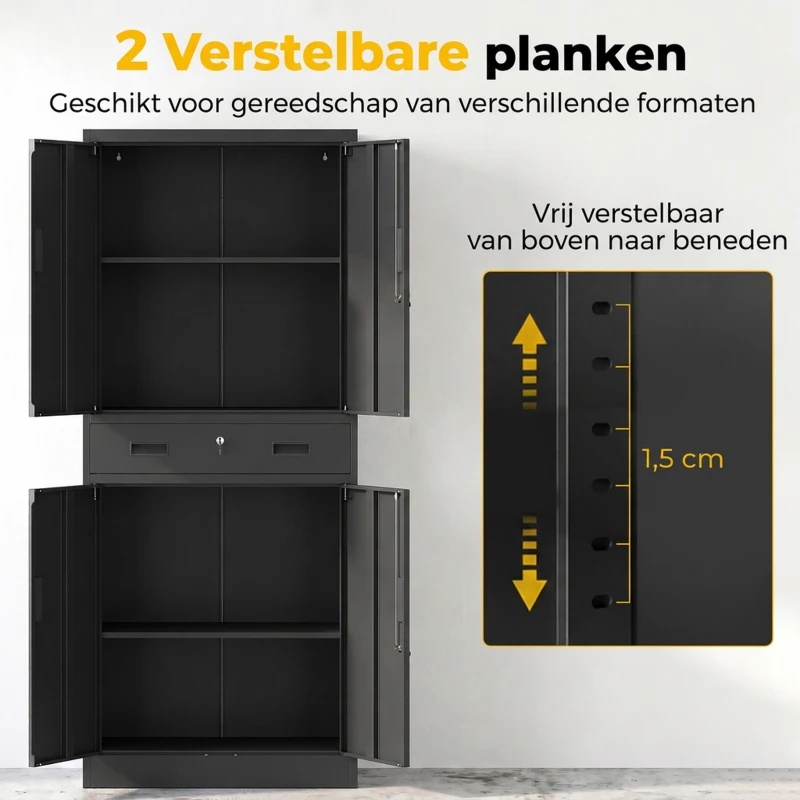 HOMCOM Metalen kast 180 cm, gereedschapskast met afsluitbare deuren, lade en verstelbare planken, zwart