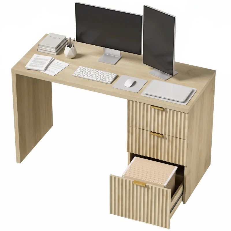 HOMCOM Escritorio para Ordenador, Almacenamiento Reversible, 3 Cajones Frentes Ondulados, Tablero Grueso y Espacioso, 120x50x76cm, Roble
