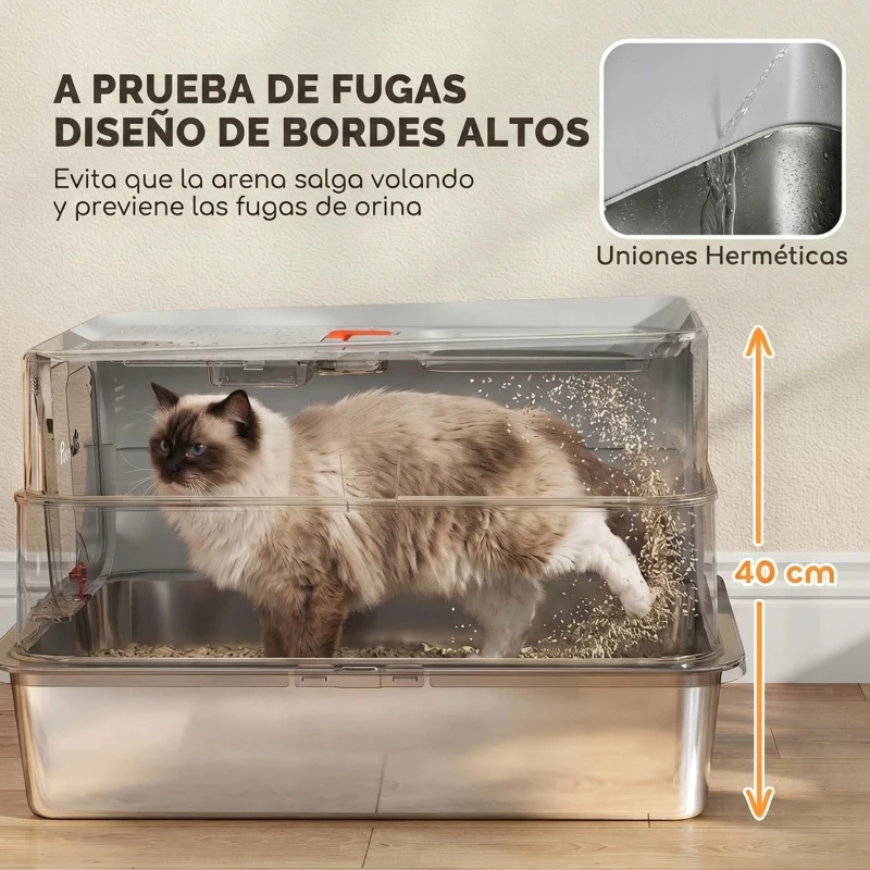 PawHut Arenero para Gatos de Acero Inoxidable XL con Tapa Borde Alto 2 Entradas Escalón Pala Diseño Desmontable Gris Claro