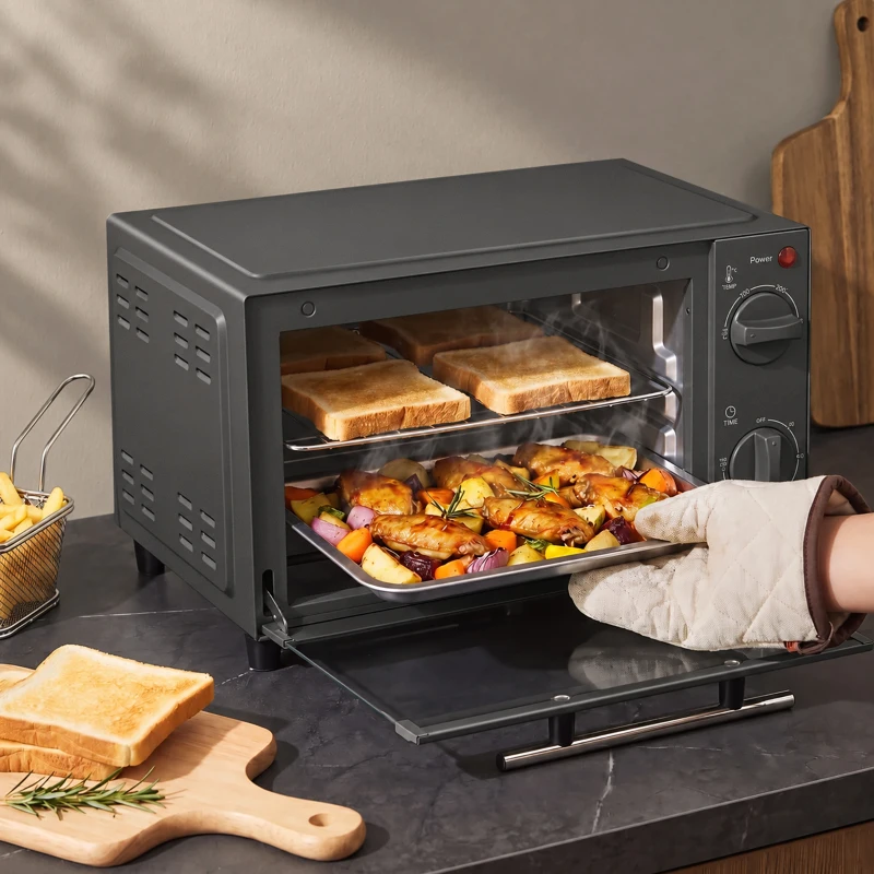 HOMCOM Mini Horno Eléctrico 9L Horno Eléctrico Sobremesa 750W con Temperatura Ajustable Temporizador 35x24,6x20 cm Gris