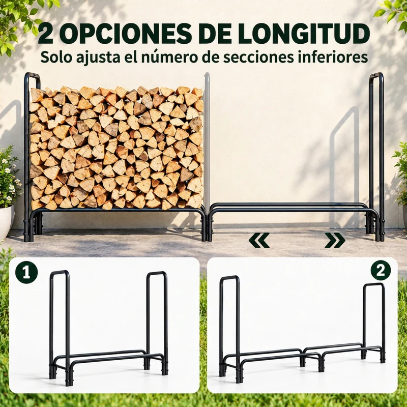 Outsunny Leñero con Cubierta Estante para Interior y Exterior Carga 200kg 200x36x99 cm Verde Oscuro y Negro
