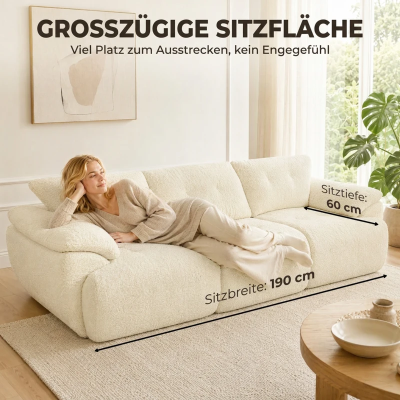 HOMCOM 3-Sitzer-Sofa, 260 cm, Chenille, rahmenloses Modulsofa mit extra breiter, tiefer Sitzfläche, breiten Armlehnen