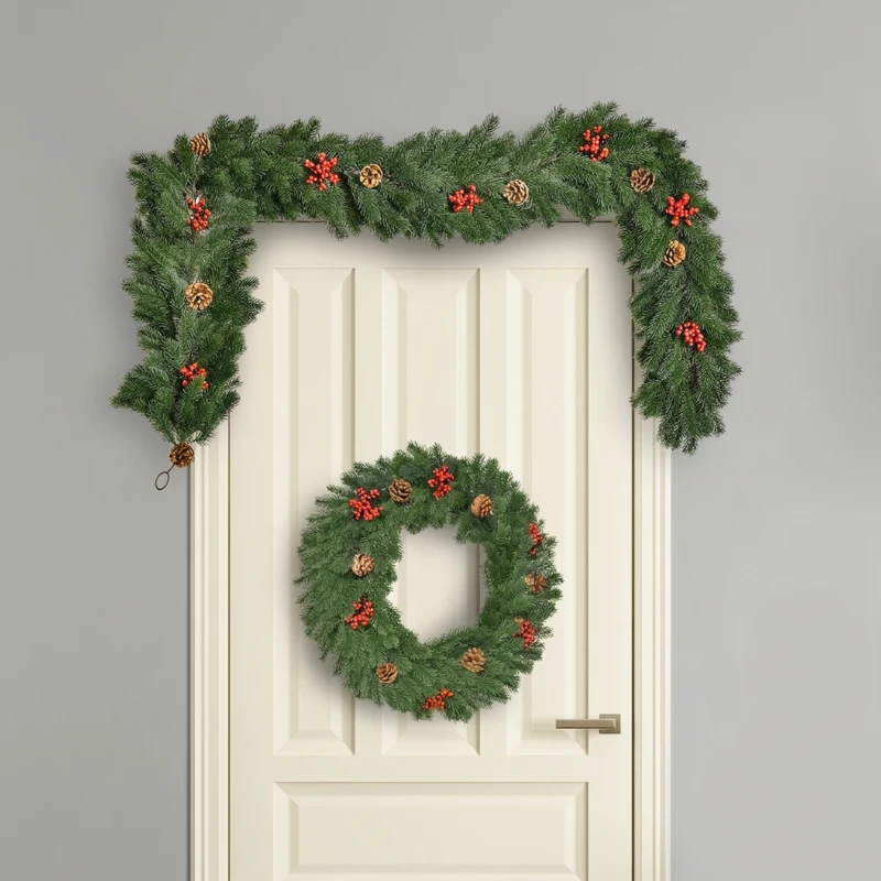 HOMCOM 1,9M kunstkerstslinger bloemdecoratie met dennenappels bessen kerstslinger spar voor trappen haard PE groen 190 x 12 x 8 cm