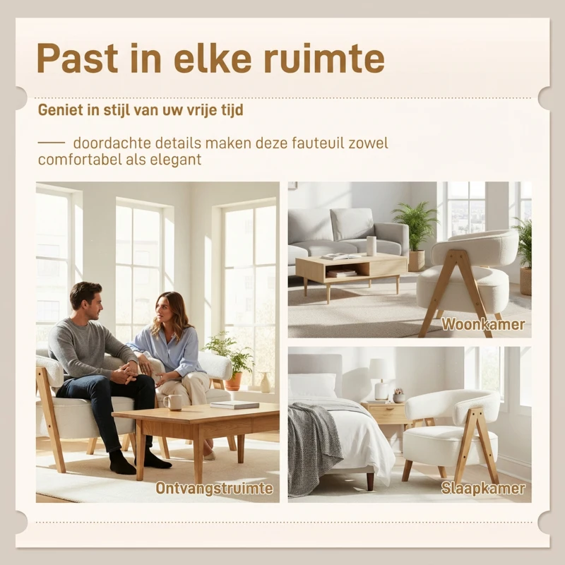 HOMCOM Moderne gestoffeerde fauteuil, fleece-bekleding, accentstoel, armstoel met houten poten, metalen frame, wit(m-6)
