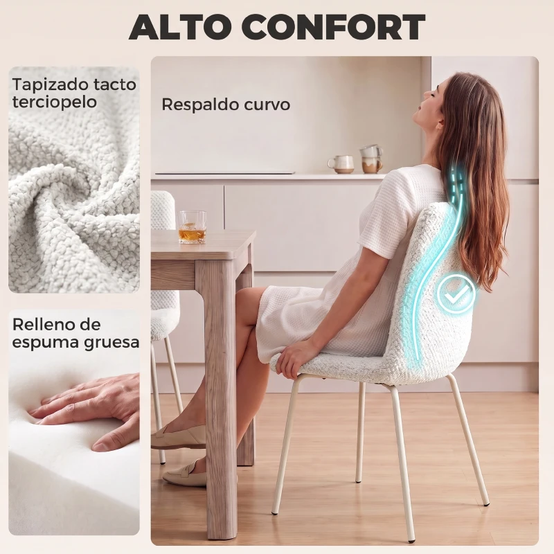 HOMCOM Pack de 2 Sillas de Comedor de Terciopelo con Asiento Respaldo Acolchado y Patas Metálicas Blanco