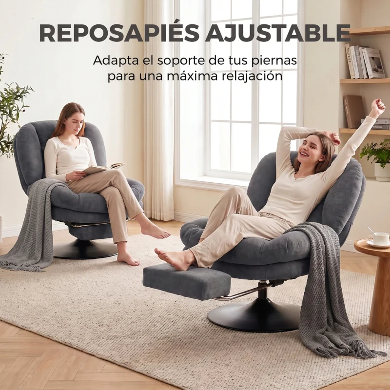 HOMCOM Sillón de Salón con Reposapiés Ajustable y Giratorio 360° de Lino Respaldo Forma Abanico Acolchado Grueso Gris Oscuro