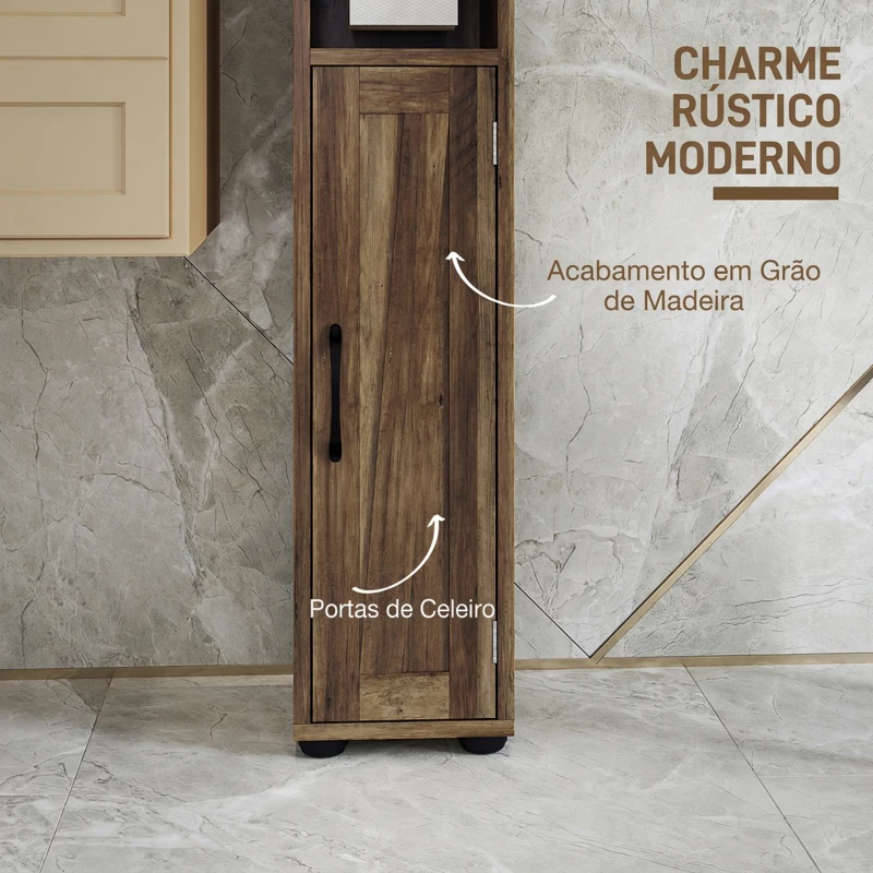 HOMCOM Coluna de Casa de Banho com 2 Portas, Compartimento Aberto, Prateleiras Ajustáveis e Suporte para Papel Higiénico, 20x20x185 cm, Castanho Acinzentado