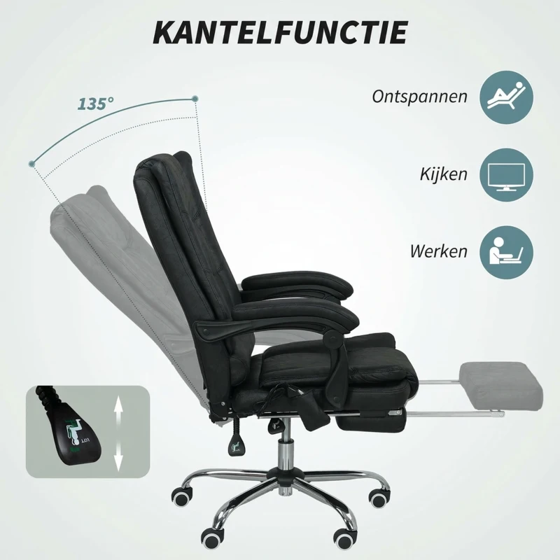 Vinsetto Massagestoel Bureau met Massagefunctie, incl. Voetensteun, Verstelbaar, 64 cm x 70 cm x 118 cm, Zwart(m-6)