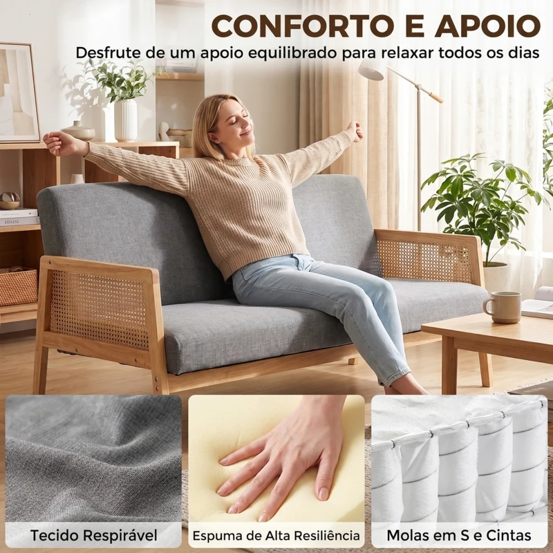 HOMCOM Sofá de 3 Lugares em Tecido Efeito Linho com Detalhes em Vime Sintético Estrutura em Madeira 330 kg 149x77x77 cm Cinza