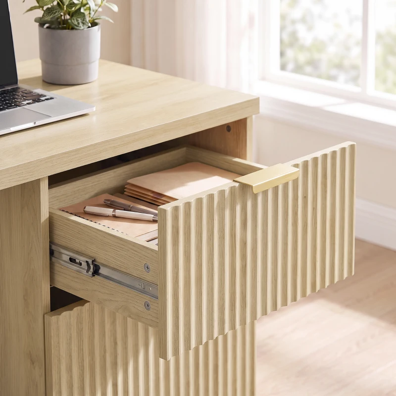 HOMCOM Escritorio para Ordenador, Almacenamiento Reversible, 3 Cajones Frentes Ondulados, Tablero Grueso y Espacioso, 120x50x76cm, Roble