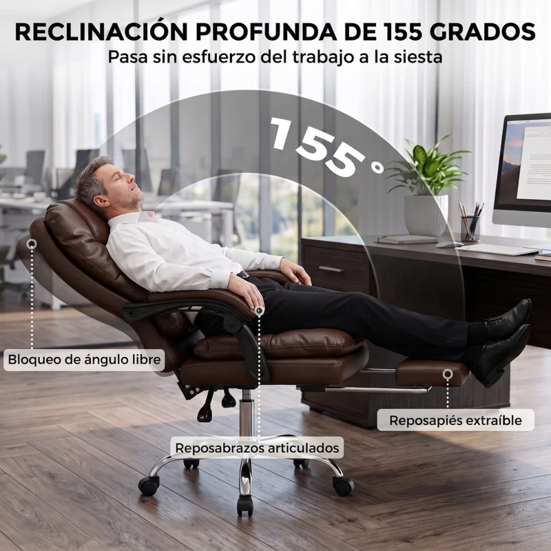 HOMCOM Silla de Oficina Ergonómica con Reposapiés de PU Muelles Ensacados Reclinable 155° Respaldo Alto Reposacabezas Marrón