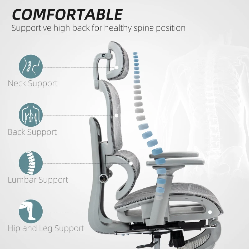 HOMCOM Ergonomic Office Chair with Footrest, High Back Mesh Desk Chair, Adjustable Lumbar Support, 3D Armrests, Grey
