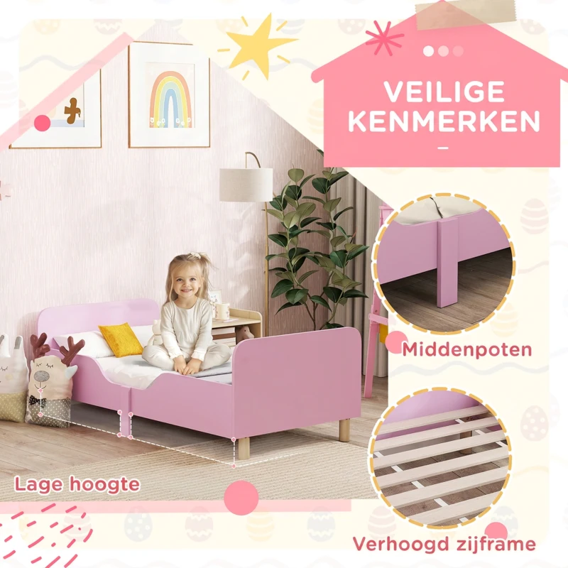 AIYAPLAY Kinderbedframe, eenpersoonsbed voor kinderen, veiligheidshekje, klein bed voor kinderkamer, MDF, zonder matras, Roze(m-5)