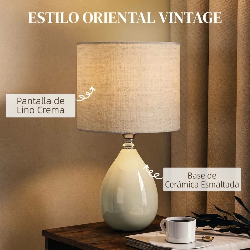 HOMCOM Lámpara de Mesa Vintage Lámpara de Mesita de Noche con Base de Cerámica Pantalla de Lino Interruptor Basculante Crema